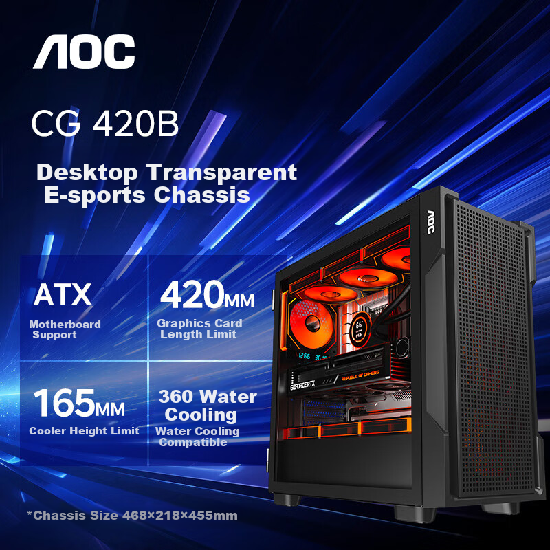 AOC Case CG420B Black Gaming And Office Desktop Computer Side-View Chassis, Supports ATX Motherboard, Compatible with 360mm Water Cooling, 10 Fan Positions, 7 PCI Slots, Compatible with 50-80 Series Graphics Card