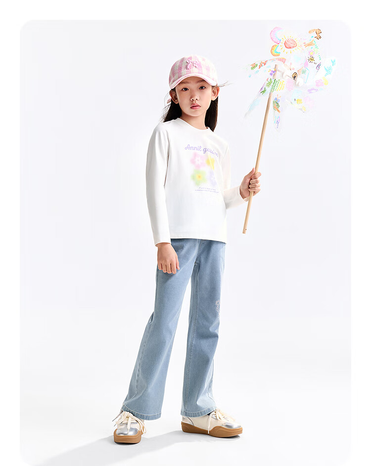 Annil Girls' Round Neck Long Sleeve T-Shirt 2025 Autumn New Pure Cotton Sports Base Shirt 3