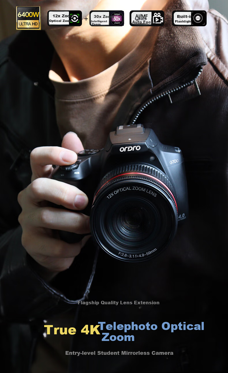 ORDRO [Premium Optical Zoom] Digital Camera, 64 Million High-Definition, 12x Optical Zoom, Entry-Level CCD, Student Campus Vlog, Mirrorless Lens, Extendable 4K Video Camera 6