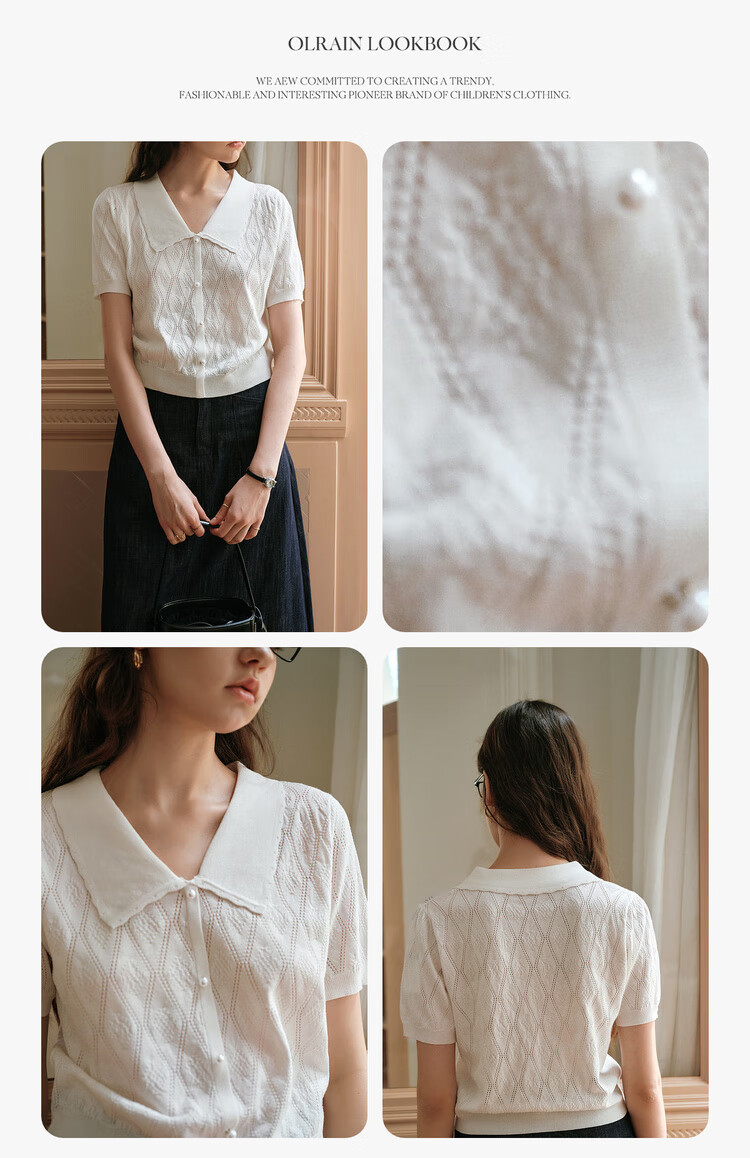 Olrain White French Style Hollow Knit Pullover Women's Summer Tweed Top White S 9