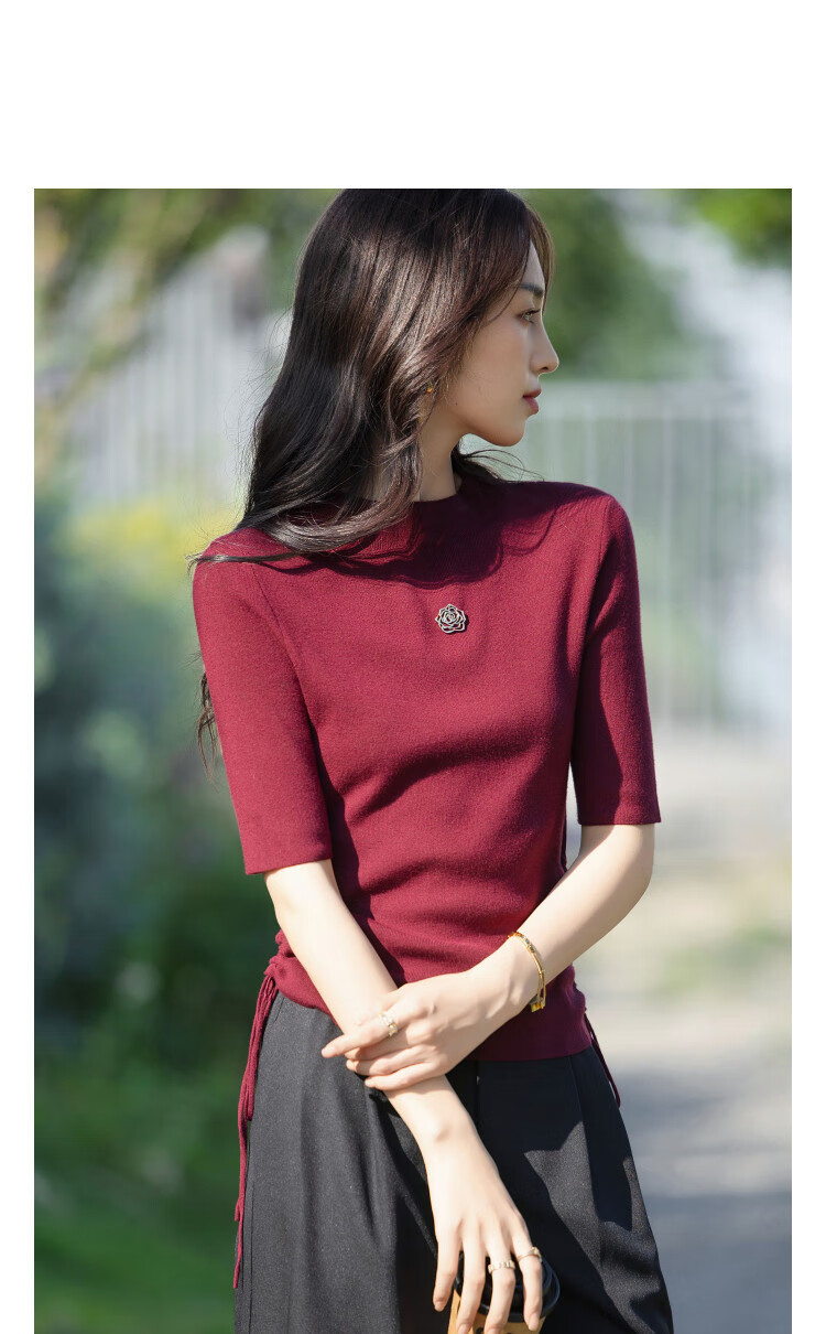 Demana Drawstring Waist Slim Fit Autumn Half Turtleneck Mid Sleeve Knit Top for Petite Women 3