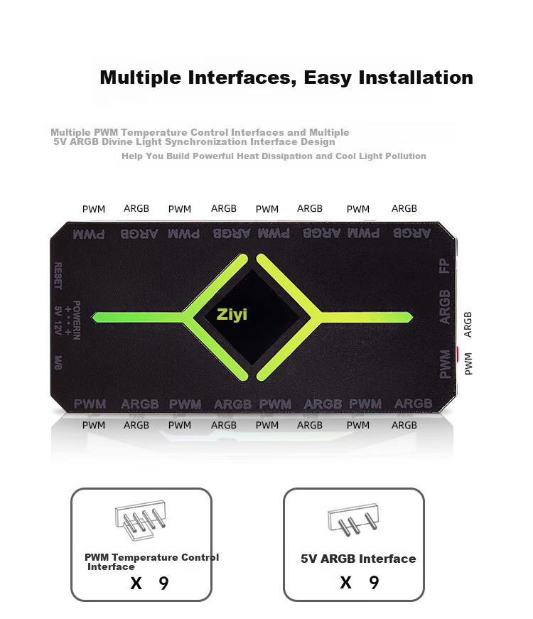 JPLAYER Ziyi Co-Branded Hub ARGB Synchronized 5V 3-Pin Black 9-Port Controller (With Remote Control/PWM Temperature Control) JPS-231 3