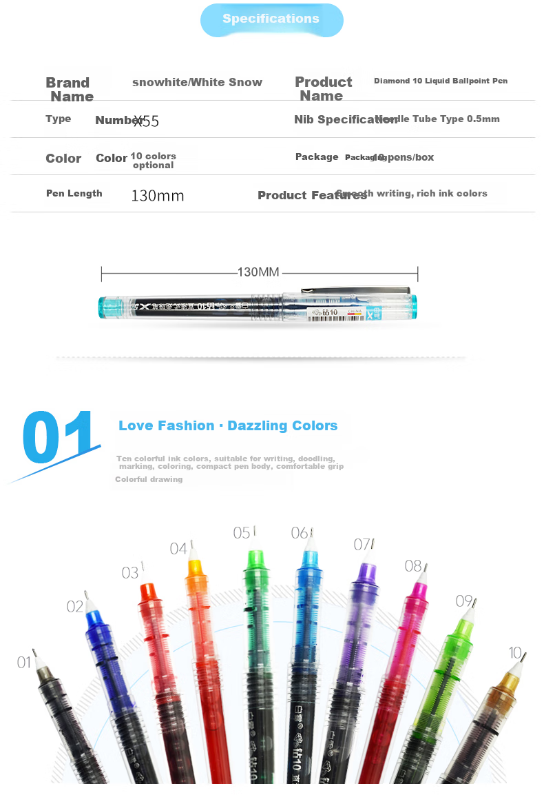 Snowhite X55 Direct Liquid Rollerball Pen with Replaceable Refill, Multi-Color Gel Pen for Students, 0.5mm Black Ink, 12 Pens/Box 3