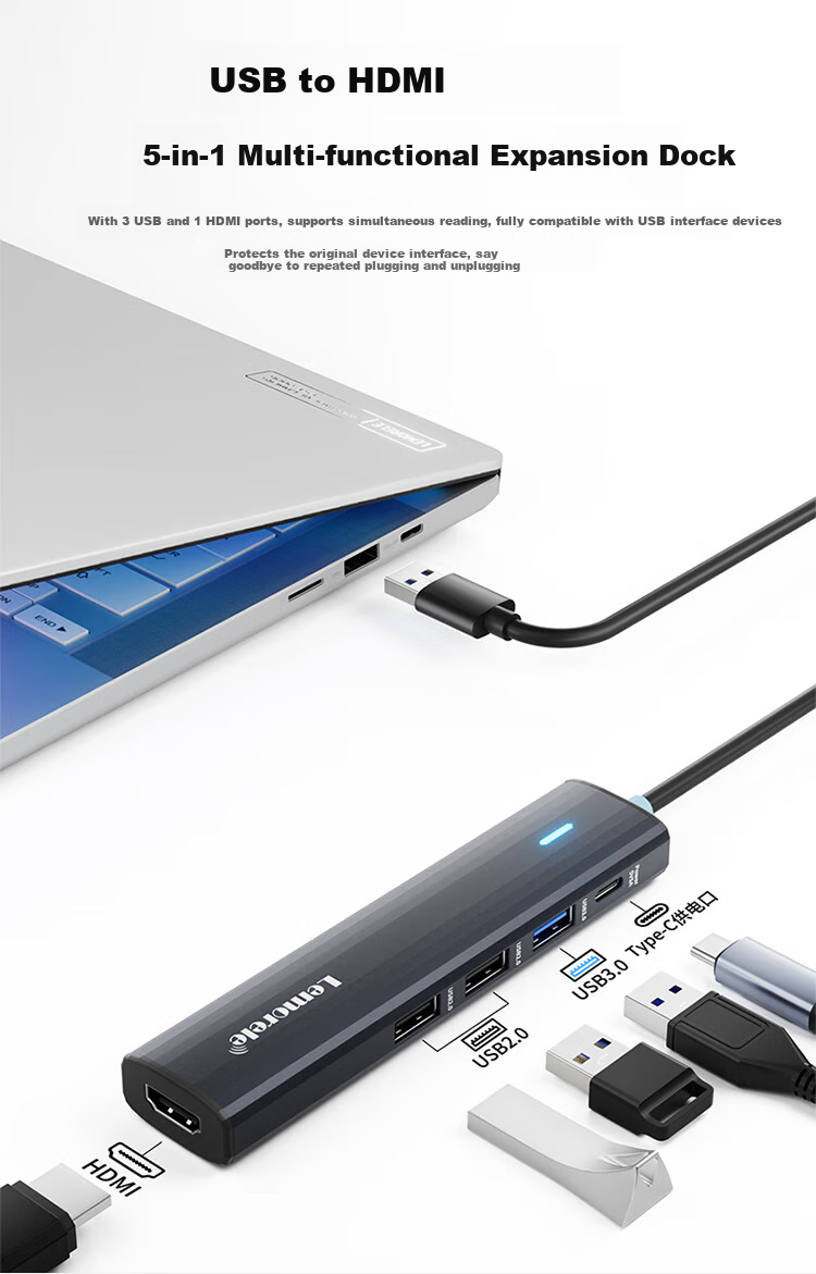 Lemorele USB to HDMI Docking Station Laptop USB Hub HDMI Cable MacBook Screen Splitter Multi USB Port TC123 Plus 2