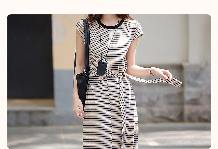 Dme [Skin-friendly Cloud Oxygen Cotton] Summer Color-block Crew Neck Side Tie Waist Cover Sleeve Striped Knit Women's Dress 2