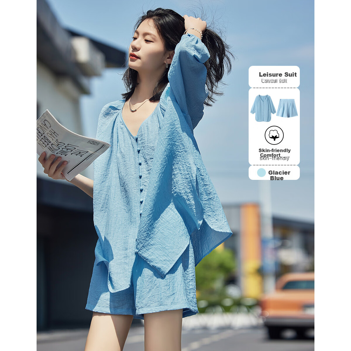 Dme [Cool Two-Piece Set], Summer V-Neck Mid-Sleeve Shirt Top And Shorts Set for Wome
