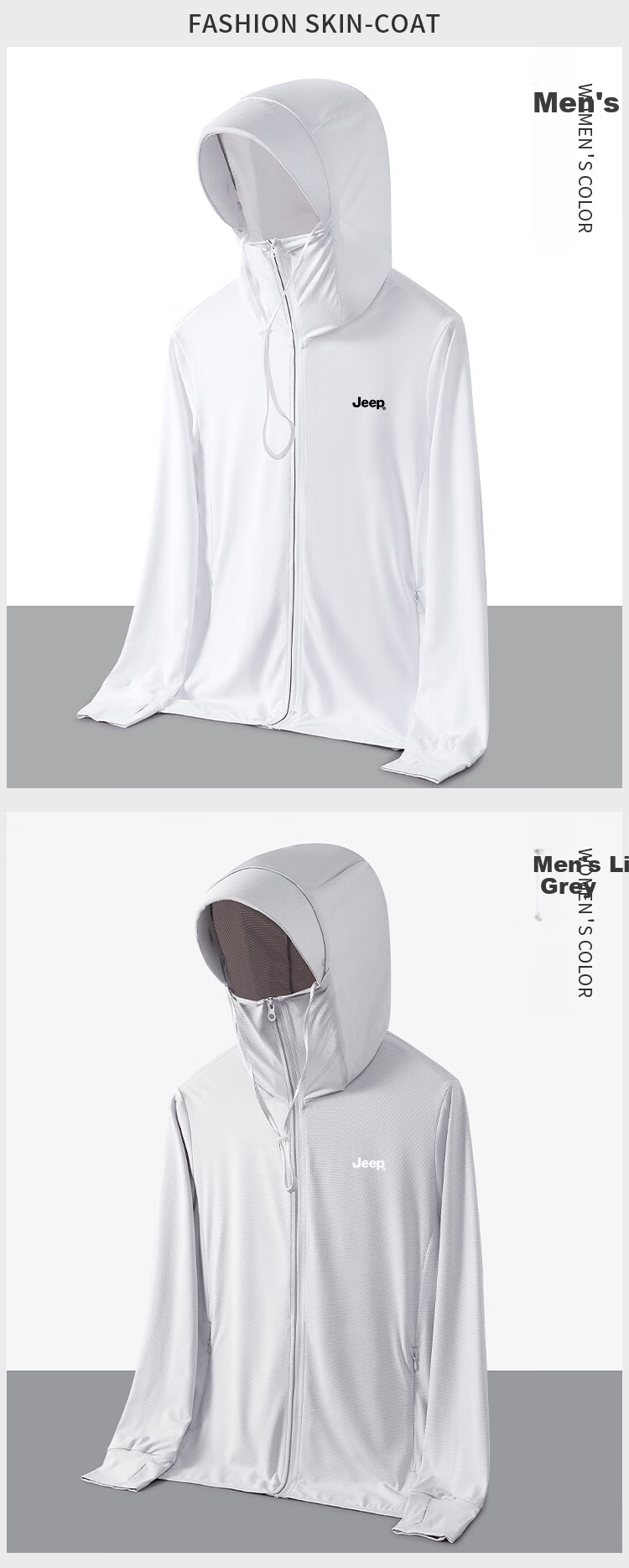 JEEP [UPF50+] Sun Protection Jacket for Men, Summer Hooded Breathable Lightweight Quick-Dry Menswear 9088, Light Gray, M 10