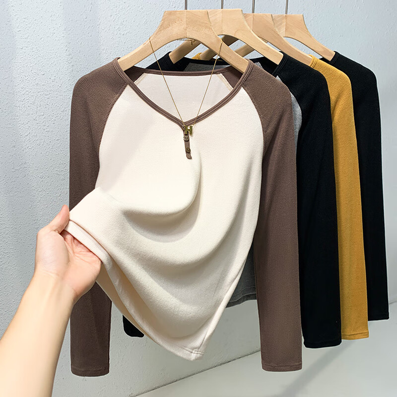 MiiOW Long-Sleeve T-Shirt Base Layer for Women, 2025 New Arrival, Early Autumn And Winter V-Neck Color Block Raglan Slimming Top