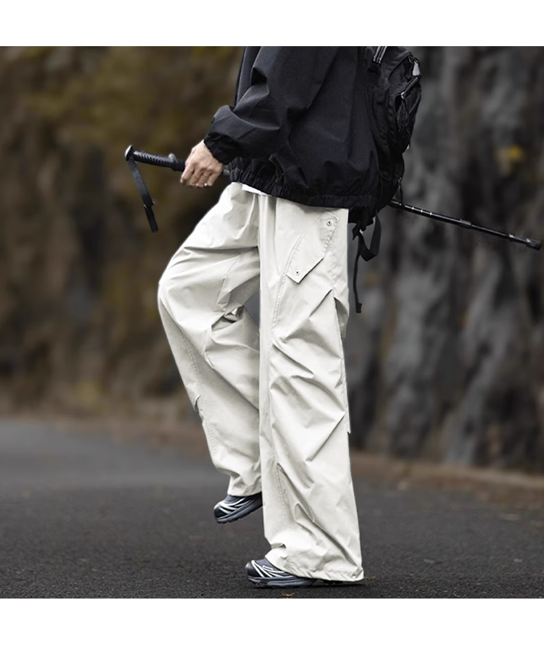 Dingfengbaoluo American-Style Outdoor Paratrooper Cargo Pants for Men, Loose-Fitting Casual Wrinkle Design Long Trousers for Summer, XP01 Beige 2XL 25