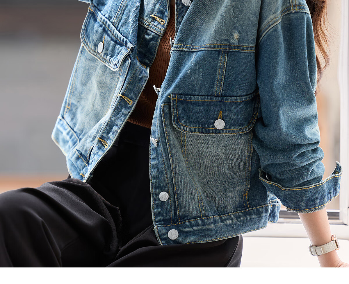 Pincai Women's Denim Jacket Trendy Retro Double Pocket Design Casual Versatile Top P53D006 42