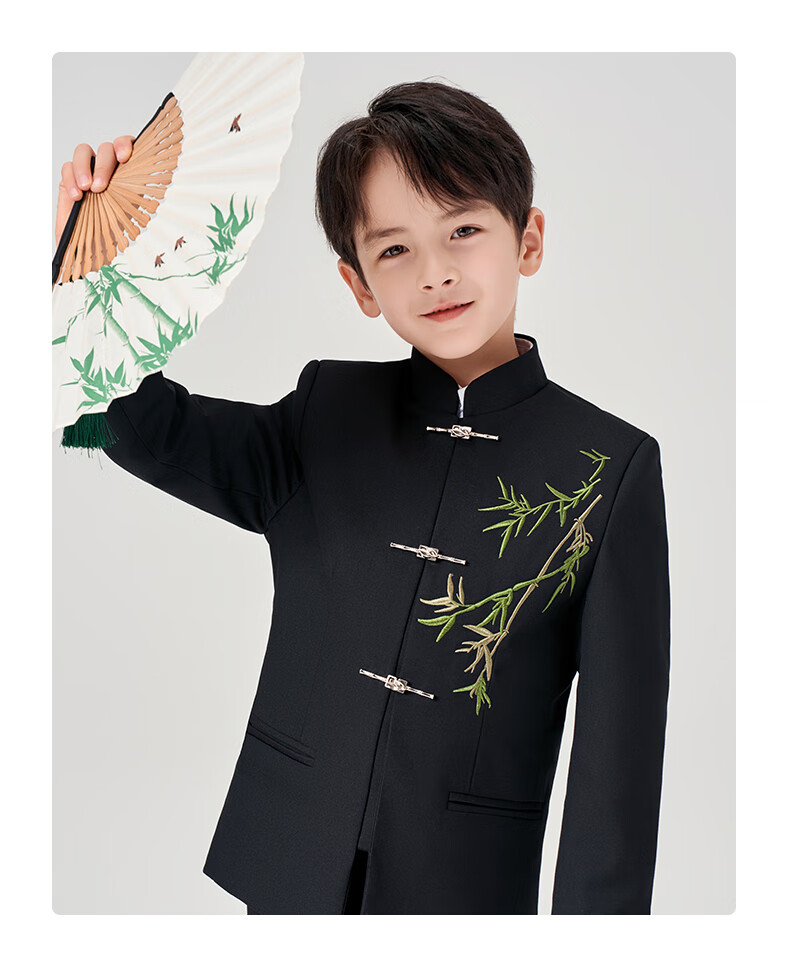 ROMON Children's Chinese-Style Suit Set, Boys' Zhongshan Outfit, New Chinese-Style Suit for Performances, Black Three-Piece Set 1, Size 170 4