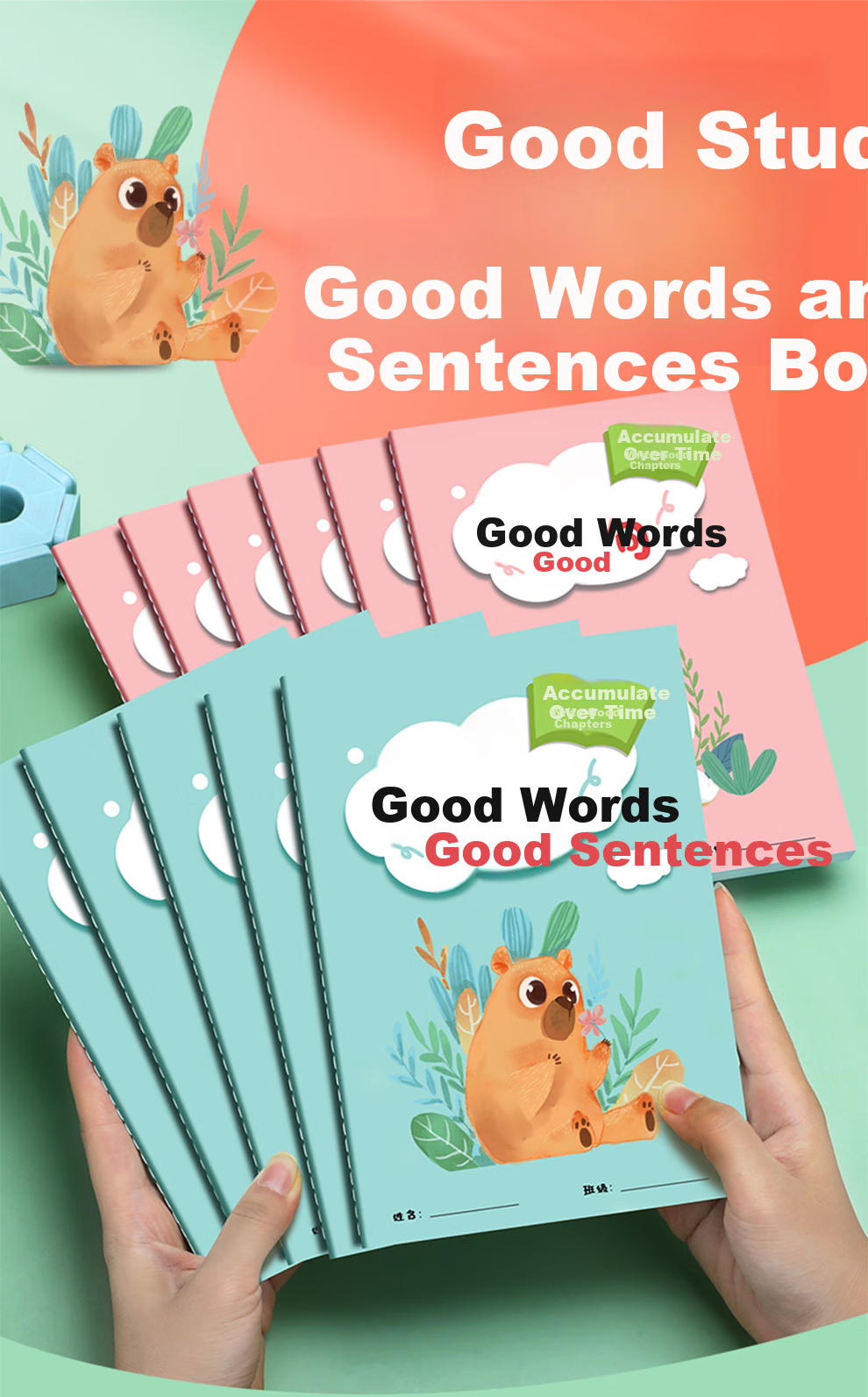 Faramon Elementary School Student's Daily Accumulation Reading Notes, Good Words And Sentences Collection Notebook, Reading Record Book, Vocabulary Accumulation Student Record Book, Pink Rabbit, 10 Books 1