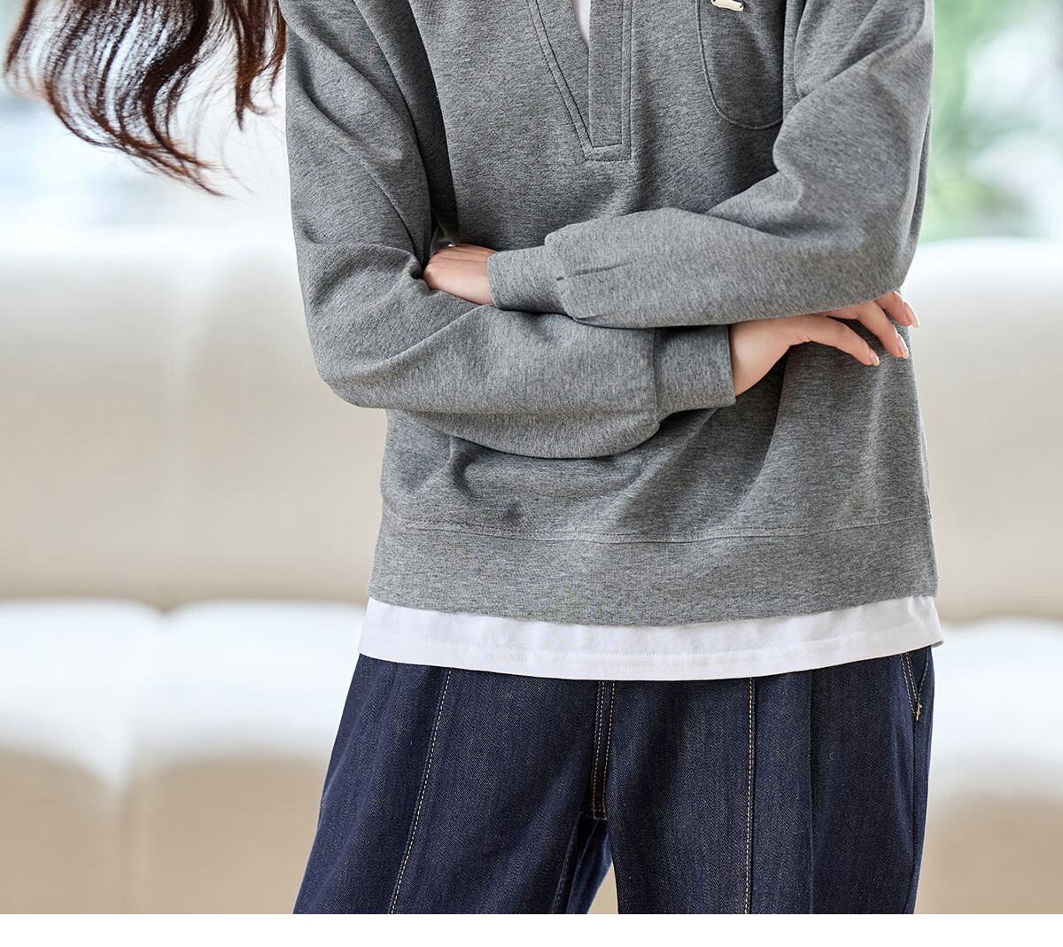 PinCai Women's Casual V-Neck Fake Two-Piece Loose Slim Layered Sweatshirt P53W050 23