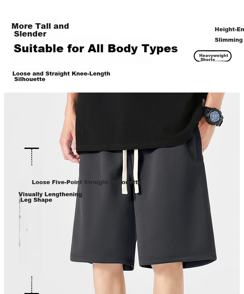 GENIOLAMODE Men's Shorts, Summer Style, Heavy 300G, Casual Draping Loose Fit, Athletic Straight-Leg Five-Point Pants for Young Me 7
