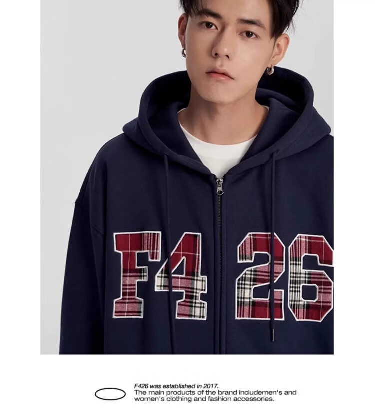 F426 [Zhao Lusi's Style] National Trend Brand Loose Fit Large Logo Plaid Patchwork Embroidered Sweatshirt Jacket, Floral Gray, L 5