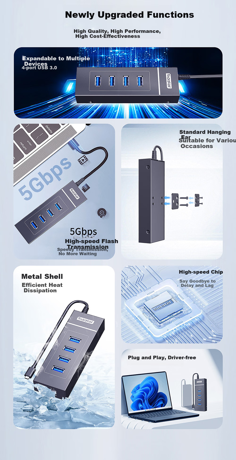 SIPOLAR USB Hub 3.0 High-Speed 4-Port Expansion Dock HUB Splitter Adapter Transmission Hub Laptop Accessory One-To Extension Cable (0.3 Meter) 1