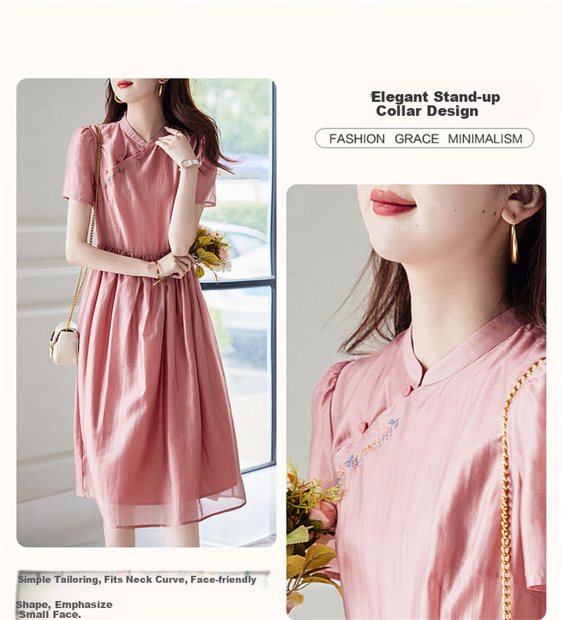 Dme [Elegant A-Line Embroidered Dress] Summer Commuter Stand-Collar Button-Up Midi Dress for Wome 5