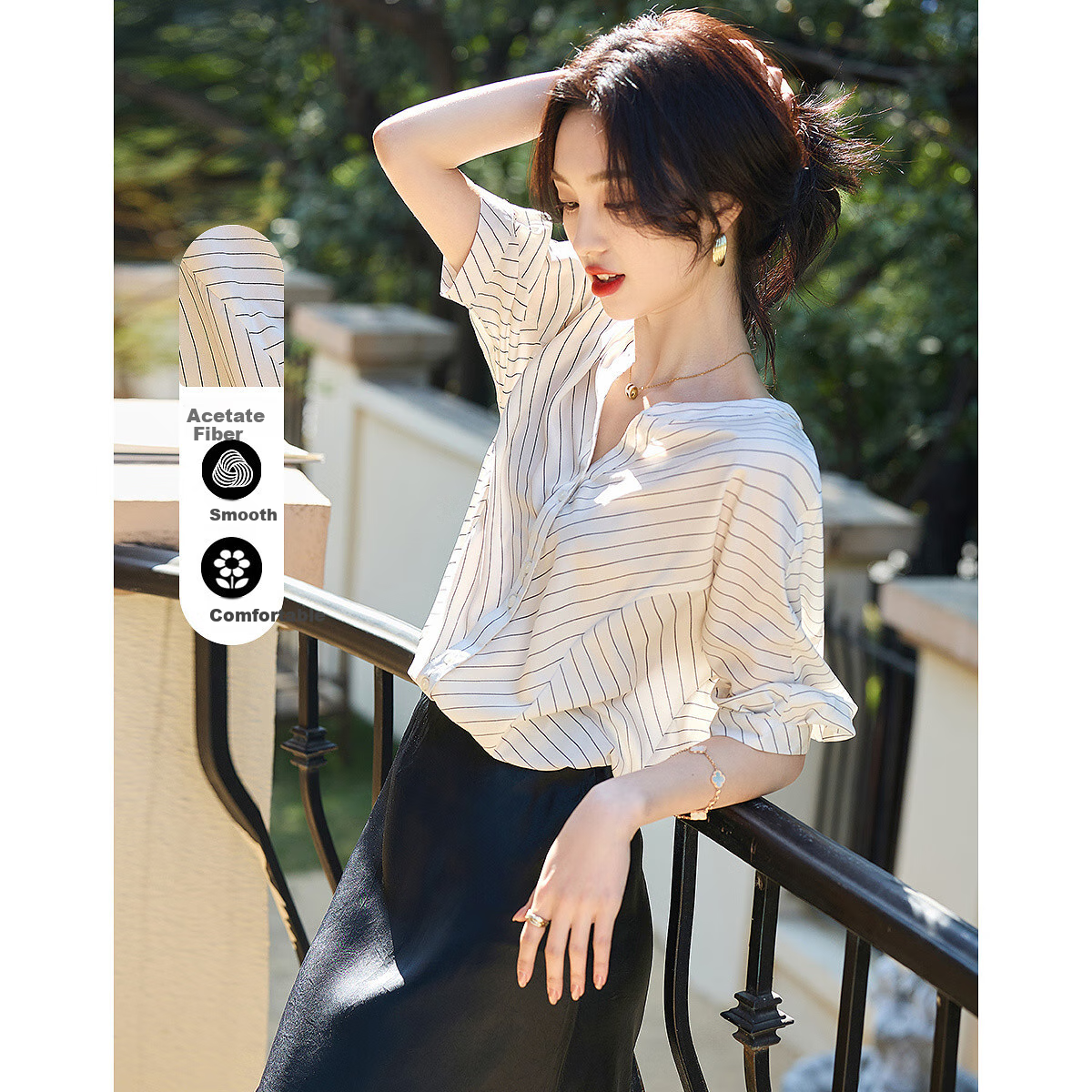 Dme [Unwearable Stripes], Summer Elegant V-Neck Patchwork Shirt, Connected Sleeves, Loose Comfortable Blouse, Women's Top