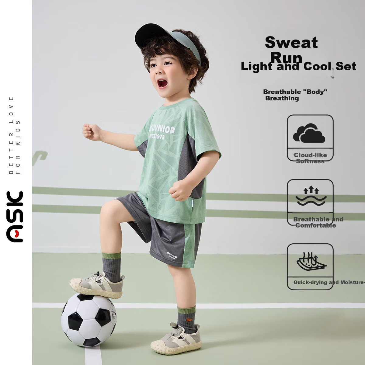 ASK JUNIOR Kids Set 26 Summer Toddler Moisture-Wicking Breathable Short Sleeve T-Shirt and Sports Shorts Two-Piece Boys Green 120 1
