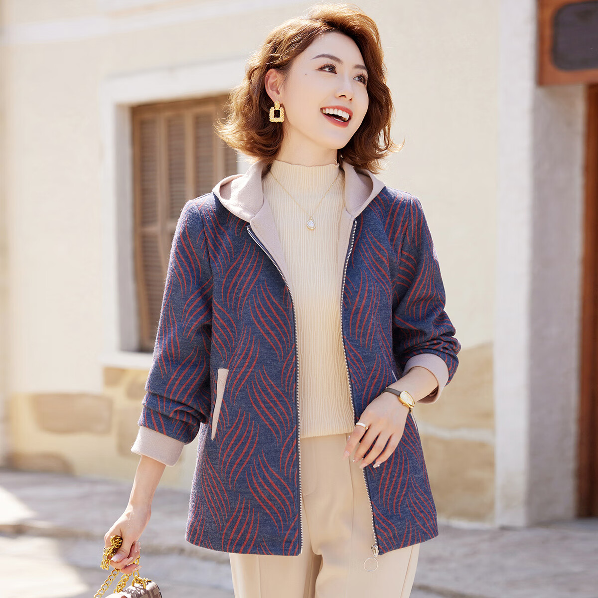 Past Classic Zipper Women's Warm Jacket Hooded Coat for Middle-aged and Elderly Women Autumn Winter Red 2XL