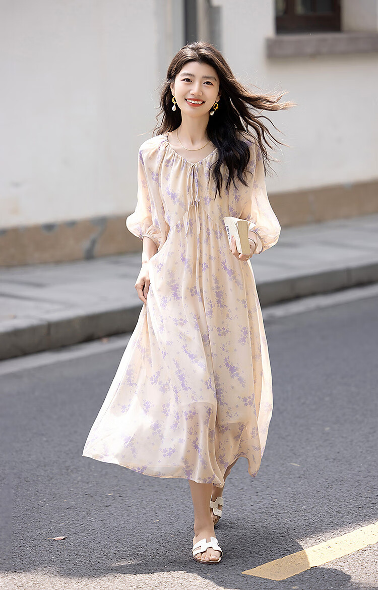 Demana "Human Elegance" Summer Lightweight 75D Chiffon Beaded Floral V-Neck Drawstring Puff Sleeve Women's Dress 7