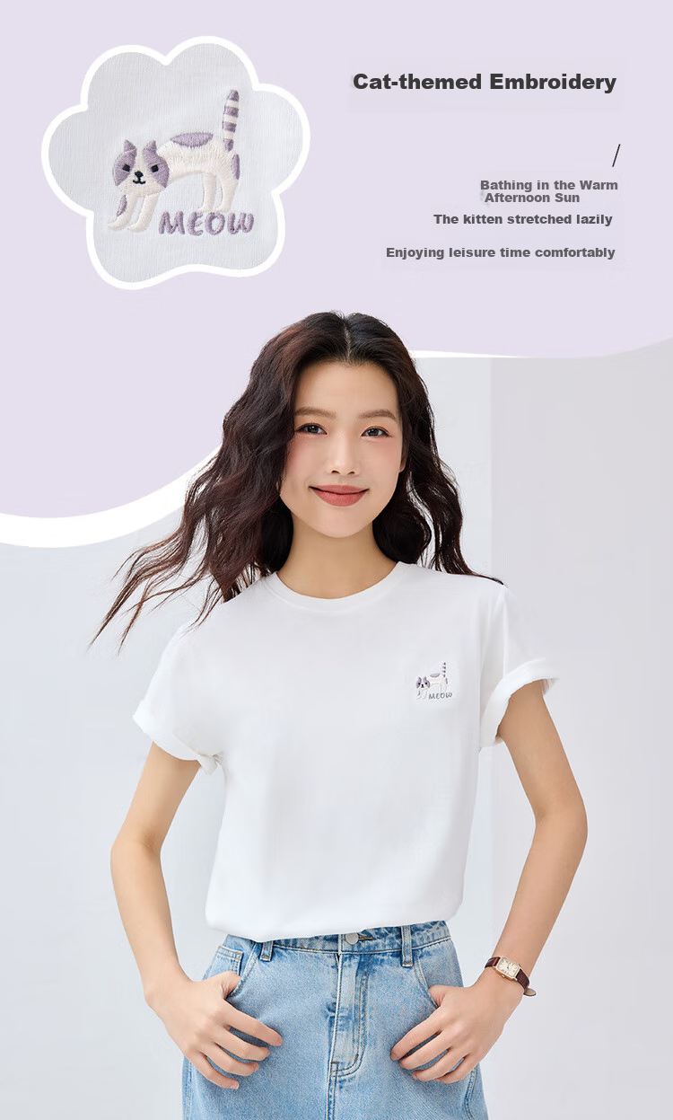 Giordano Women's Short Sleeve T-Shirt, Pure Cotton, Cute Age-Reducing Cat Embroidery, Round Neck Casual Top, 13325327 4