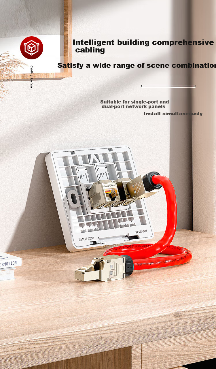 AMPCOM 10 Gigabit Category 6A Straight-Through Network Module, Zinc Alloy CAT6A FTP Shielded Cable, RJ45 Gold-Plated Crystal Head Computer Double-Pass Connector 1 Piece AMC6A18B 8