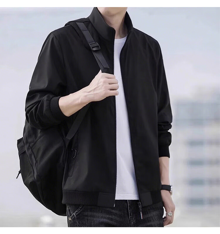 GLM Men's Spring Autumn Stand Collar Jacket Casual Loose Trendy Black M 3