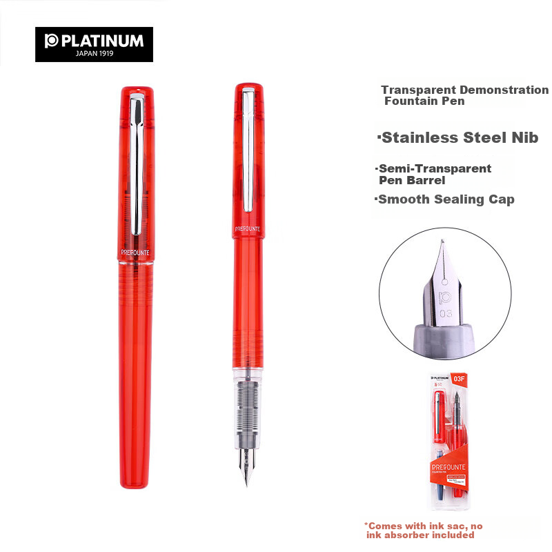 PLATINUM Fountain Pen PPF-800 Fountain Pen PREFOUNTE Student Calligraphy Practice Transparent Demonstration Fountain Pen Red F Nib