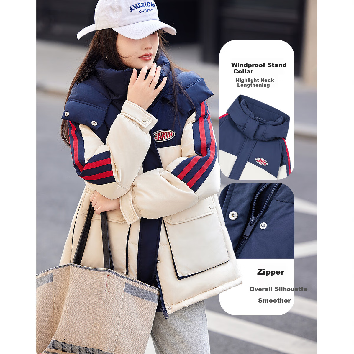 Dme [Xueji Lian Dong] Winter Warmth 90% Duck Down Hooded Windproof Stand Collar Contrasting Color Letter down Jacket Women's Coat