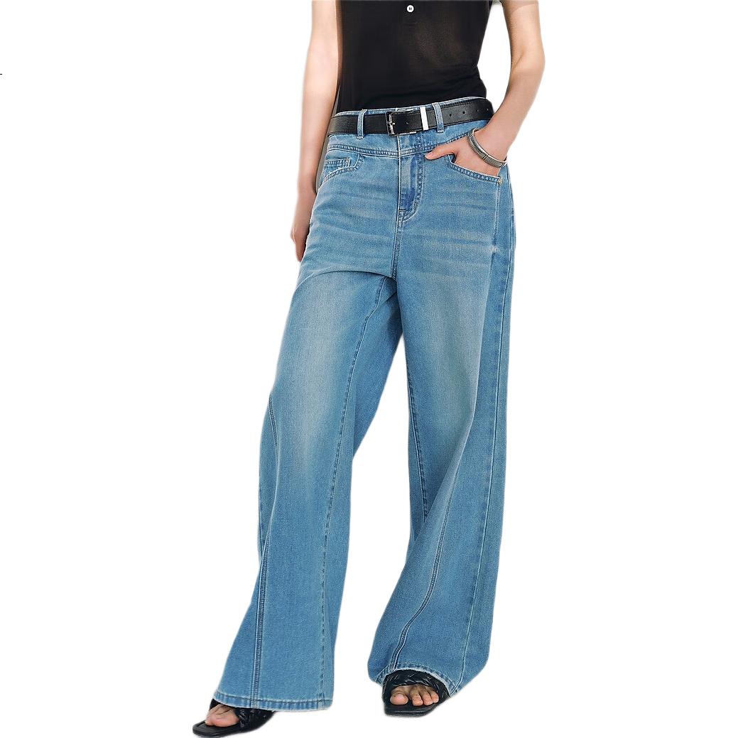 Taipingniao Women's Jeans, Cool-Feeling High-Waist Wide-Leg Summer Washed Loose Straight-Leg Pants, Denim Medium Blue, M