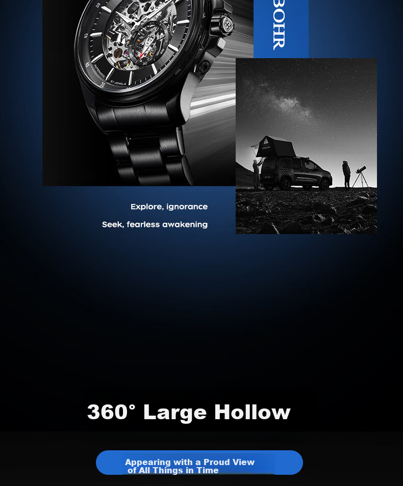 EBOHR Explorer Watch for Men, Glossy Black Skeleton Mechanical Watch, Birthday Gift for Men, Holiday Present, Model 51280215, Gift for Boyfriend 4
