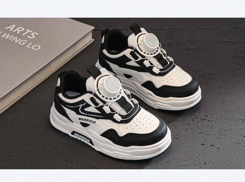 Warrior Kids Leather Panel Shoes Autumn Winter New Thick Sole Dial Button Boys and Girls Running Shoes WZCL1585 White Black Size 32 5