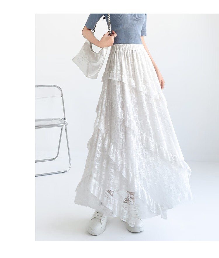 JEANSWEST Women's Autumn High-Waist A-Line Lace Splice Twill Slim Mesh Cake Skirt White M 4