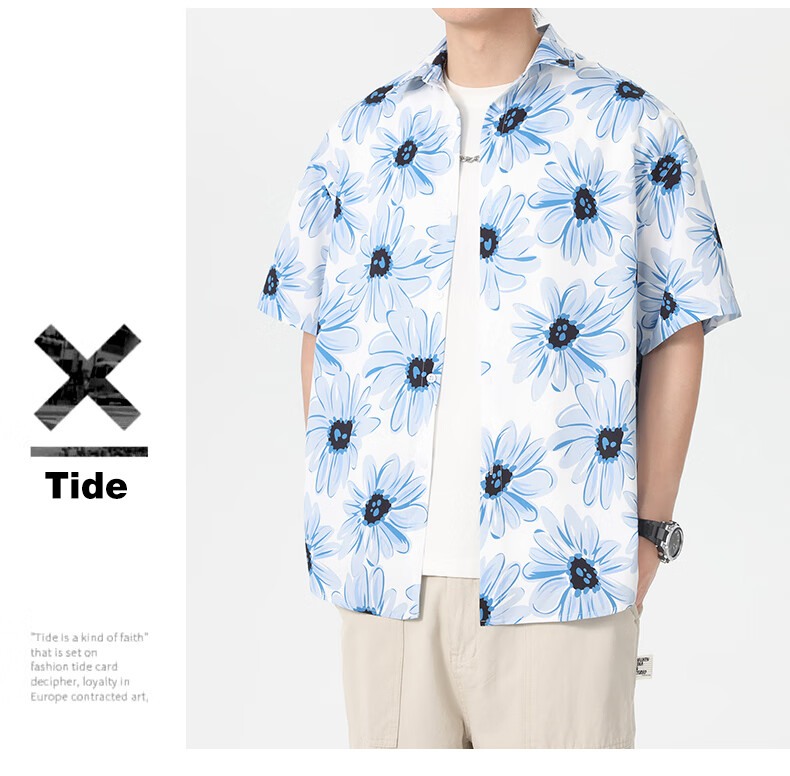 CLOR American Style Ice Silk Shirt Men's Spring and Autumn Printed Short Sleeve Loose Jacket CLCX11 Blue Rhythm Baby Flower 3XL 2