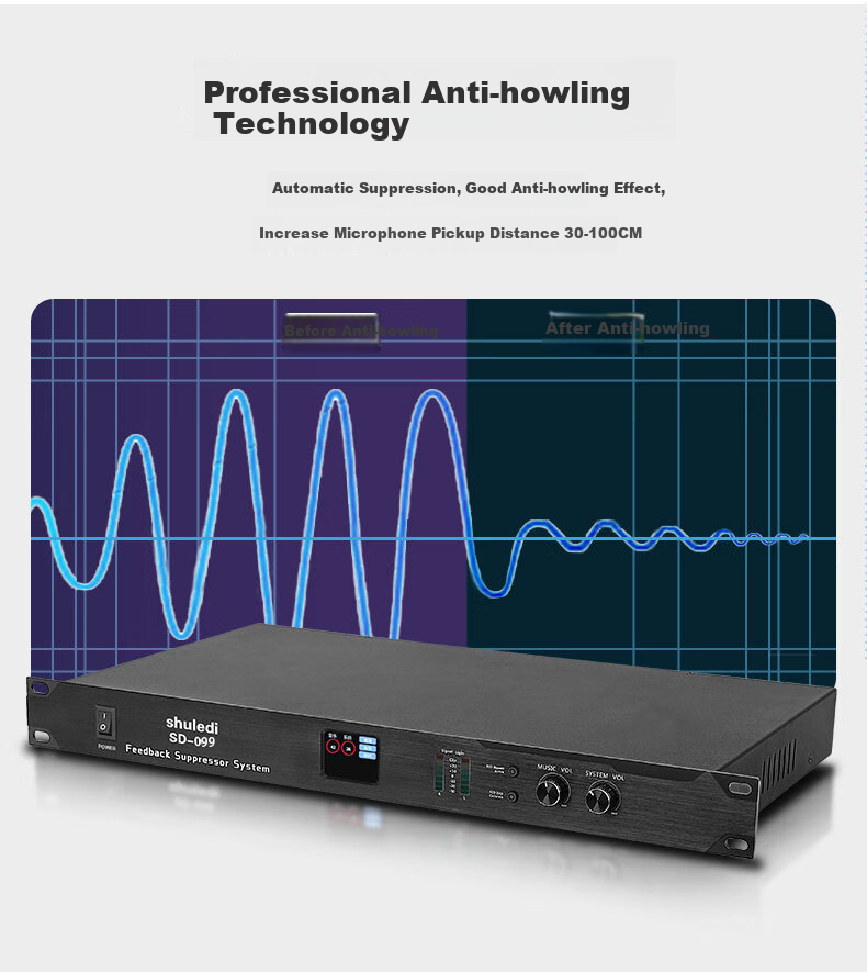 Shuledi SD-099 Domestic Feedback Suppressor, 4-Channel Microphone Mixer with Feedback Elimination, Anti-Howl Equalizer, Preamp Effects Processor for KTV Sound System, Conference Speaker, And Performance 6