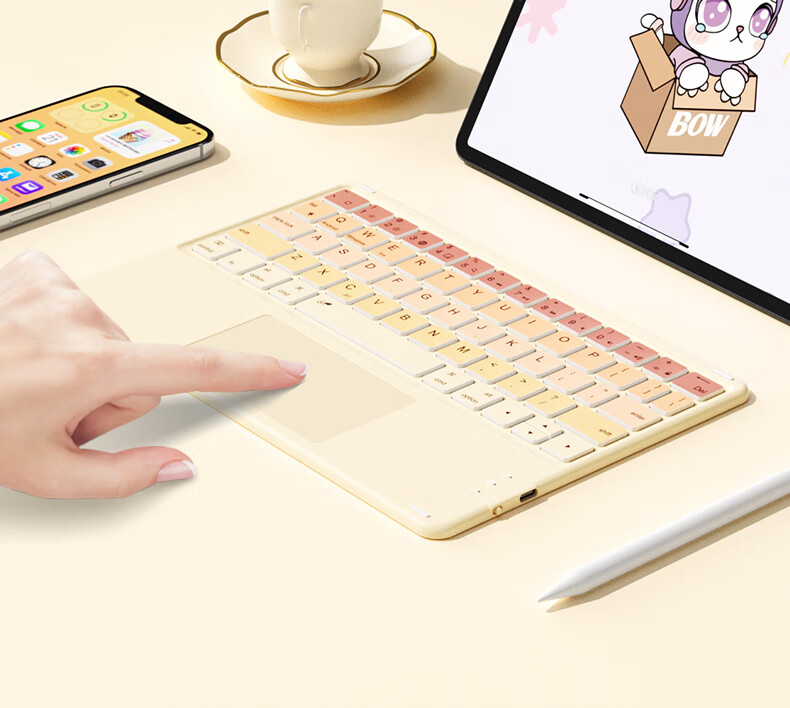 B.O.W Hangshi HB323B IPad Wireless Bluetooth Touch Five-Level Backlit Keyboard Ultra-Thin Silent Color-Block Keyboard for Women, Compatible with Apple Huawei Xiaomi Tablets, Portable, Milk Tea Color 4