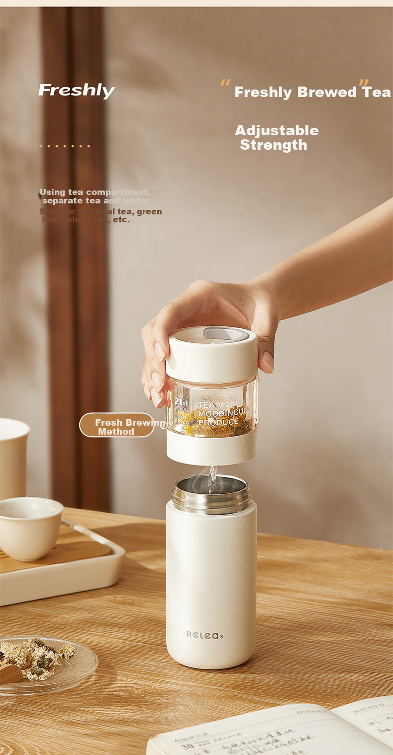RELEA Insulated Water Bottle Unisex Tea Separation Cup Large Capacity 316L Stainless Steel Independent Tea Compartment Brewing Cup Floral Tea Mug 4