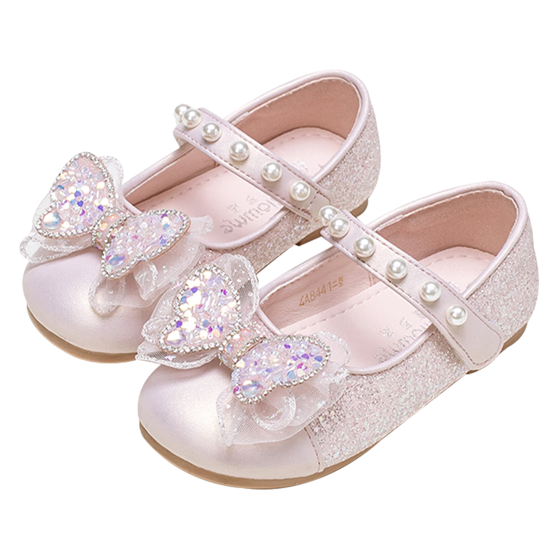 Follow Me Girls' Sequin Bow Square-Toe Princess Shoes, Soft Sole Breathable Girls' Performance Dress Shoes, Pink, Size 30