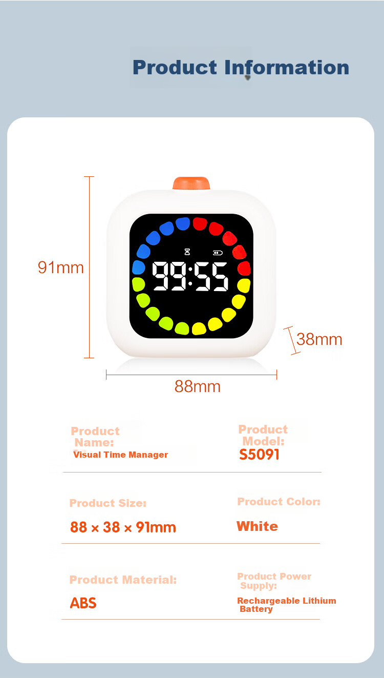 Compas Timer Alarm Clock Time Management Visual Aid for Children's Homework And Study, Desktop Stopwatch Clock Gift S5091 White Back-To Season Children's Day Gift 10