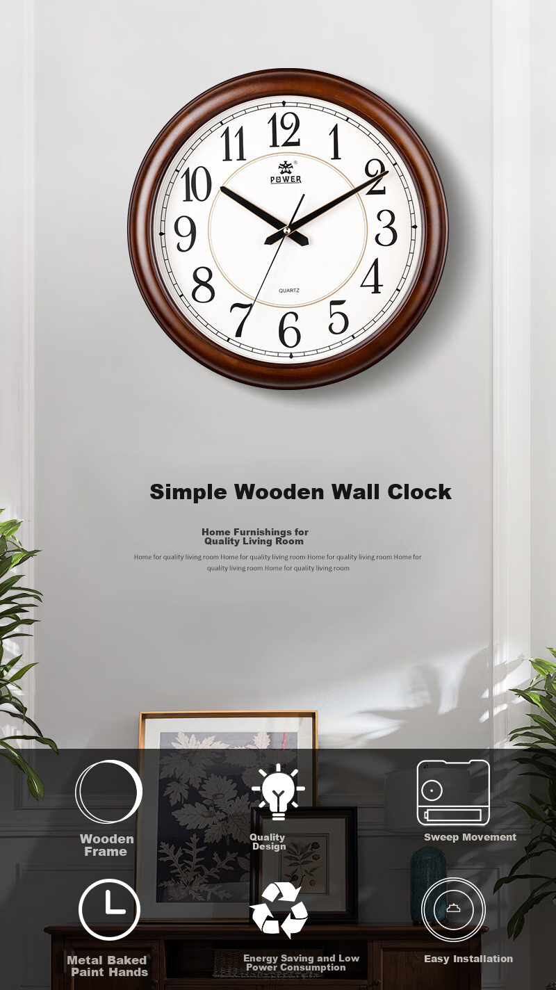 POWER Chinese Solid Wood Wall Clock for Living Room, Simple Wall-Mounted Creative Quartz Clock, 40cm BW13029C 1