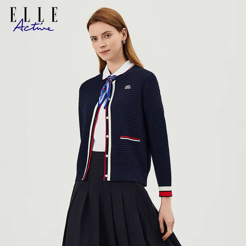 ELLE ACTIVE French-Style Elegant Waffle Cardigan for Women, Casual Commute Contrasting Color Soft Spring And Summer Sweater Jacket, Navy Blue, 2XL