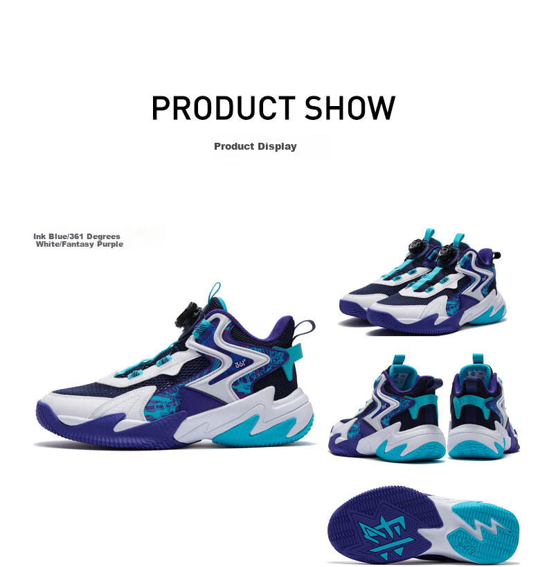 361° Children's Sports Shoes, All-Season Youth Basketball Shoes, Durable Training Sneakers with Rotary Buckle, Blue, Size 35 34