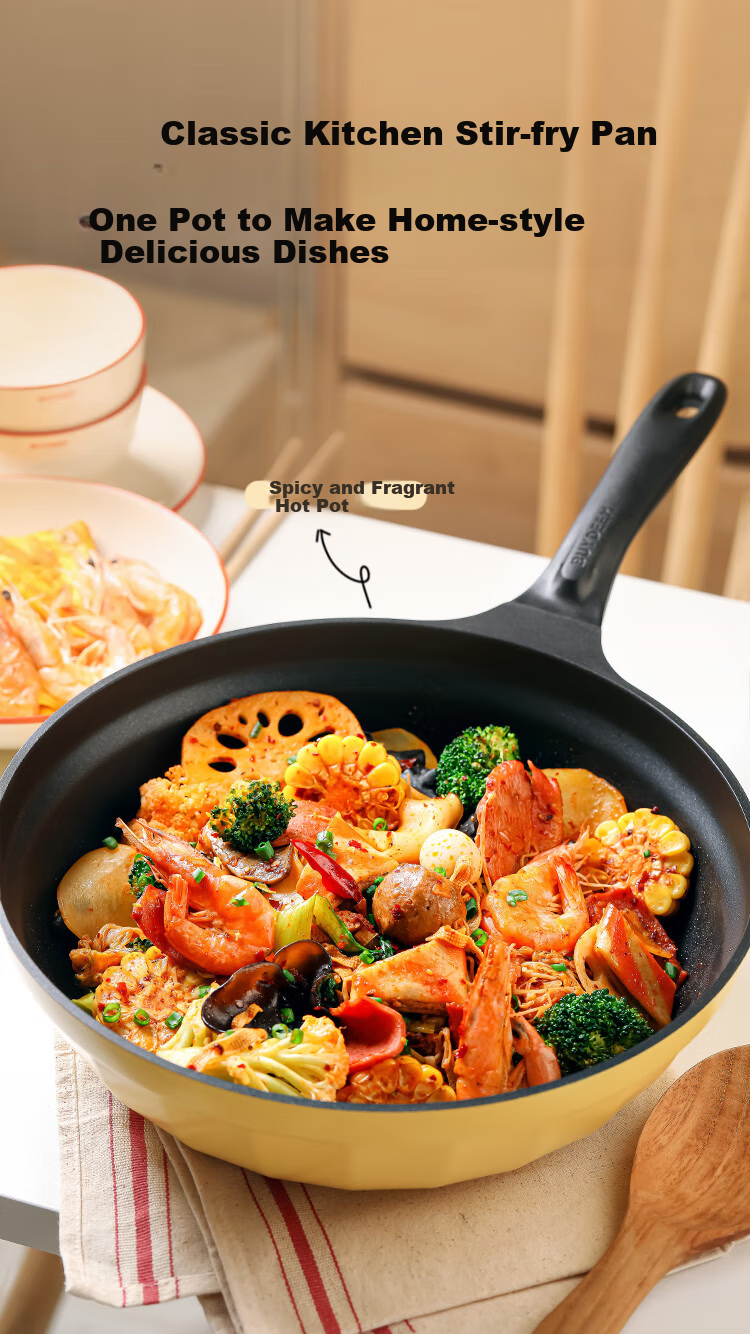 Buydeem 30cm Non-Stick Wok, Frying Pan, Flat Bottom Pan, Stir-Fry Pan, Light Smoke Oil-Gathering Small Yellow Pan, Compatible with Induction And Gas Stoves 3