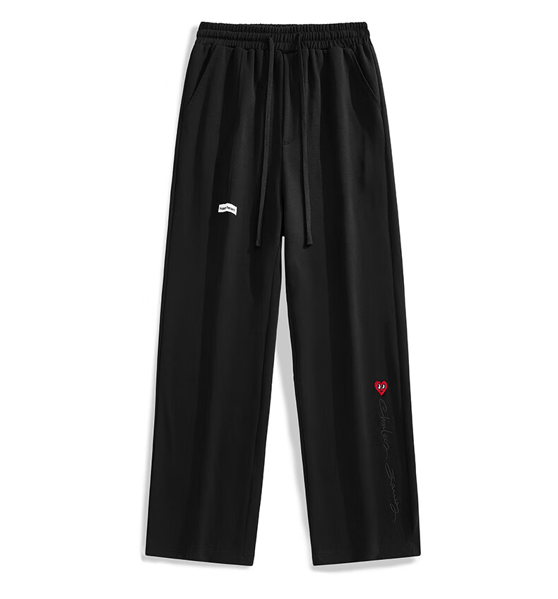 Chaersitaoxin Men's Casual Pants, Autumn Season, Letter Embroidery, Drawstring, Loose Straight-Leg, Wide-Leg Trousers, Active Black, M 5