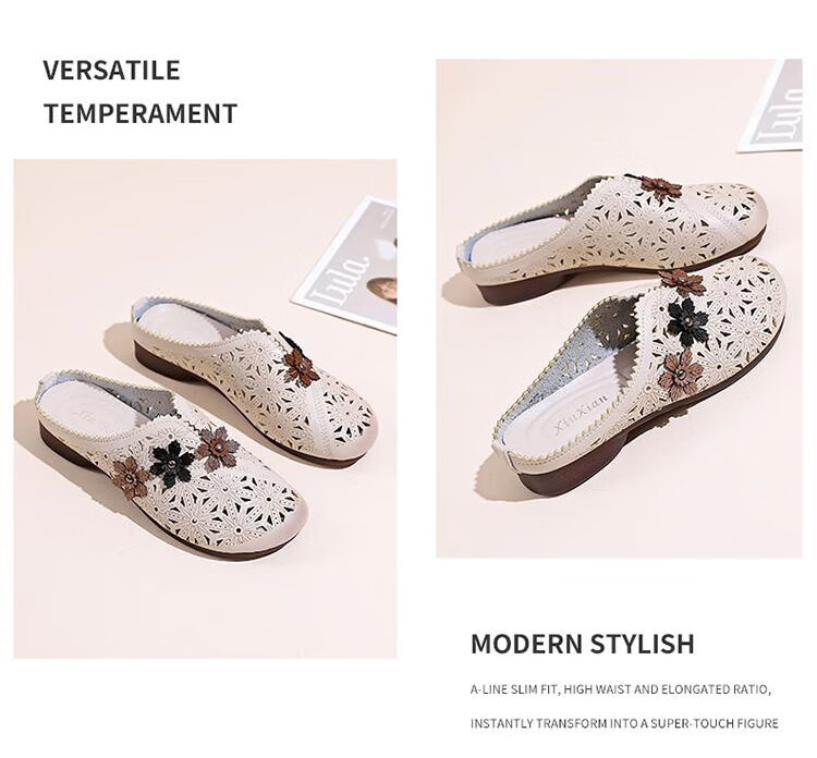 FOOTOPPO Hollow-Out Flat Mule Sandals for Women, Summer Outdoor Wear, Fashionable Slip-On Soft-Soled Slippers for Ladies 1