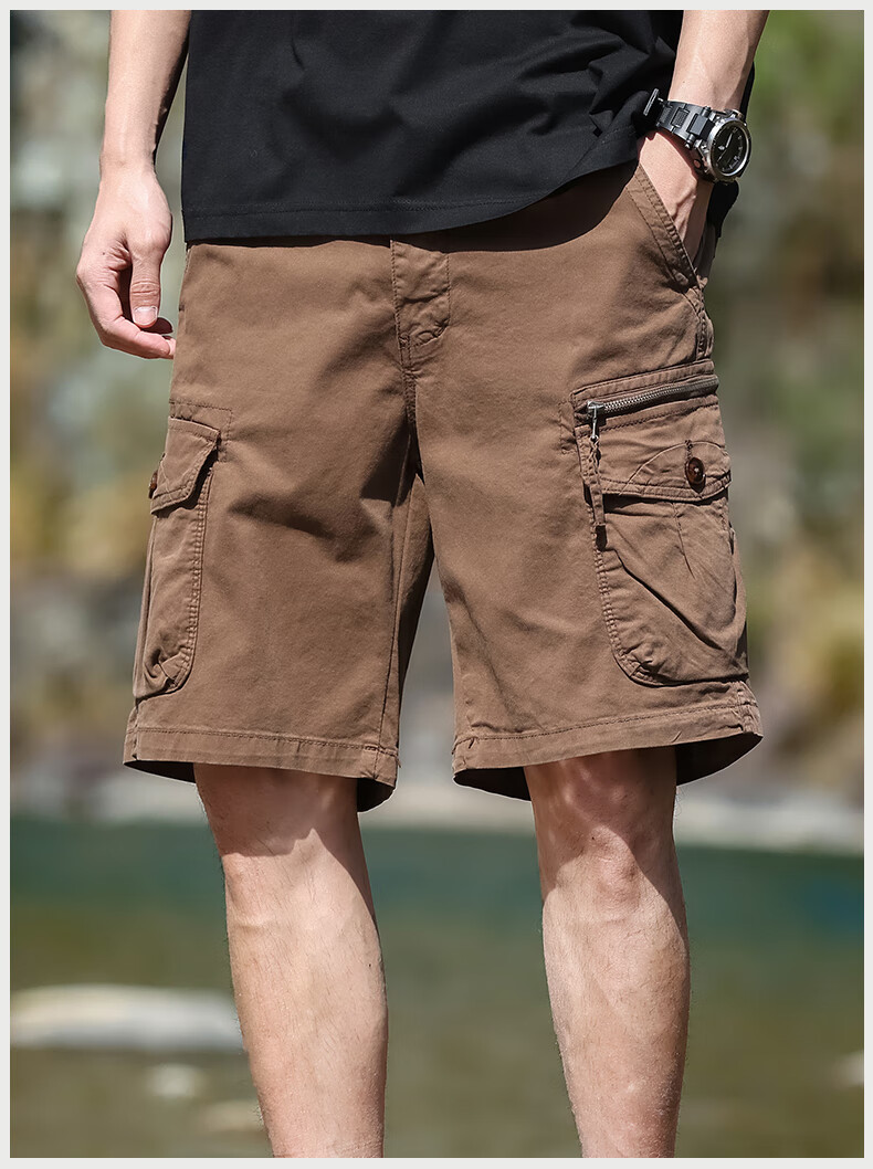 EASTERN CAMEL Men's Cargo Shorts, Casual Five-Point Pants, Spring And Summer Mid-Length Pants, Thin Style, Large Pocket Trousers, Khaki, Size 29 17