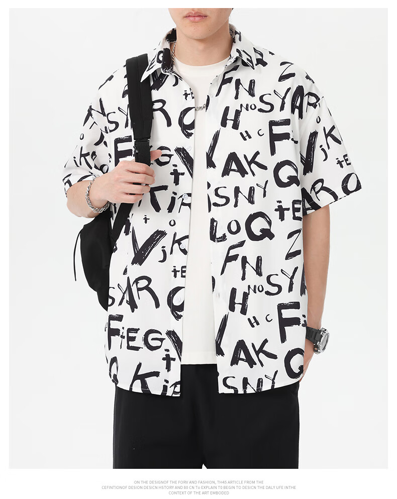 CLOR American Style Ice Silk Men's Spring and Autumn Printed Short Sleeve Shirt Loose Fit Five-Sleeve CLCX12 Cool Letter 2XL 4