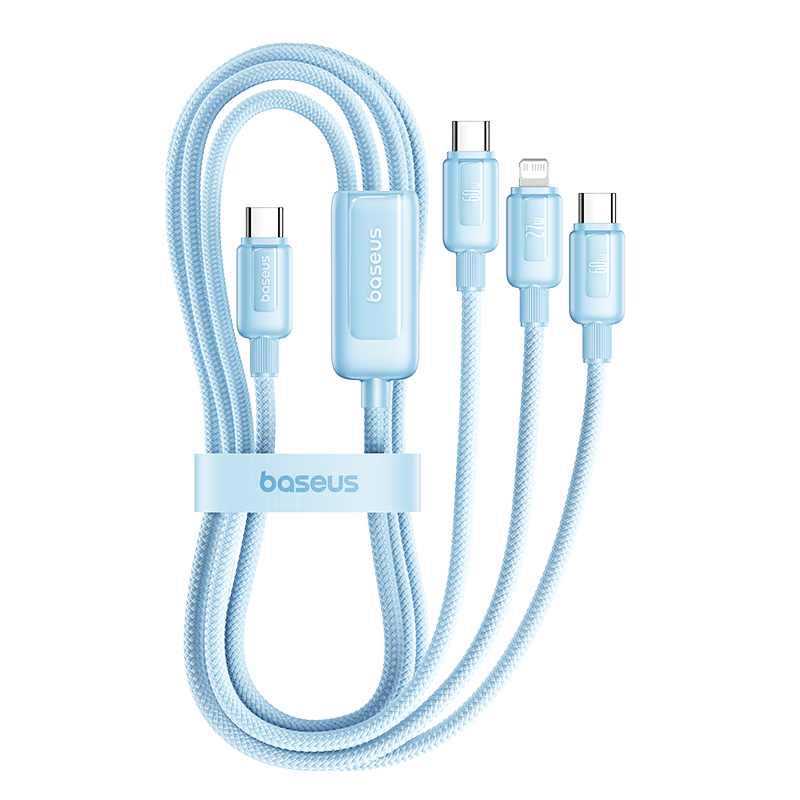 BASEUS Three-In Charging Cable, PD60W Fast Charging, Compatible with IPhone 18/17/16/15 Pro, Huawei, Xiaomi, Apple Phones, IPad, Car Charger, 1.1 Meter Blue