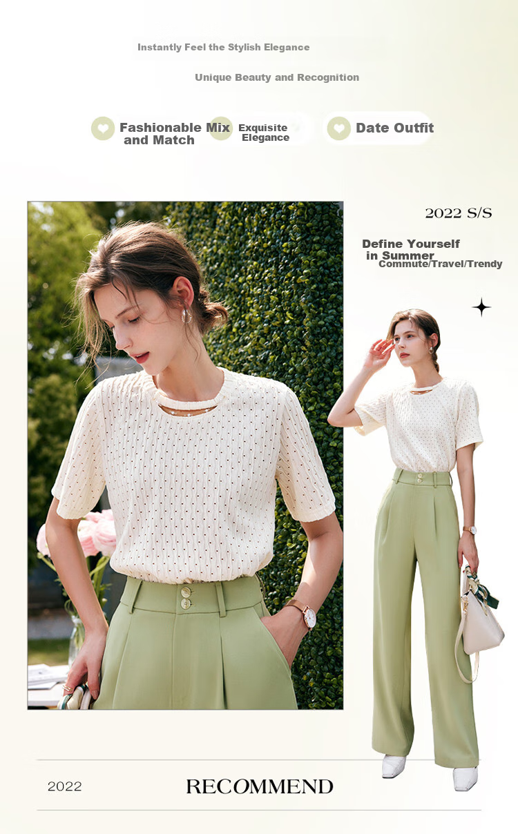 Olrain [Advanced Commuter Knit Top] Short-Sleeve T-Shirt, Summer Women's Wear, Distinct Textured Blouse, Apricot Color, Size M 1
